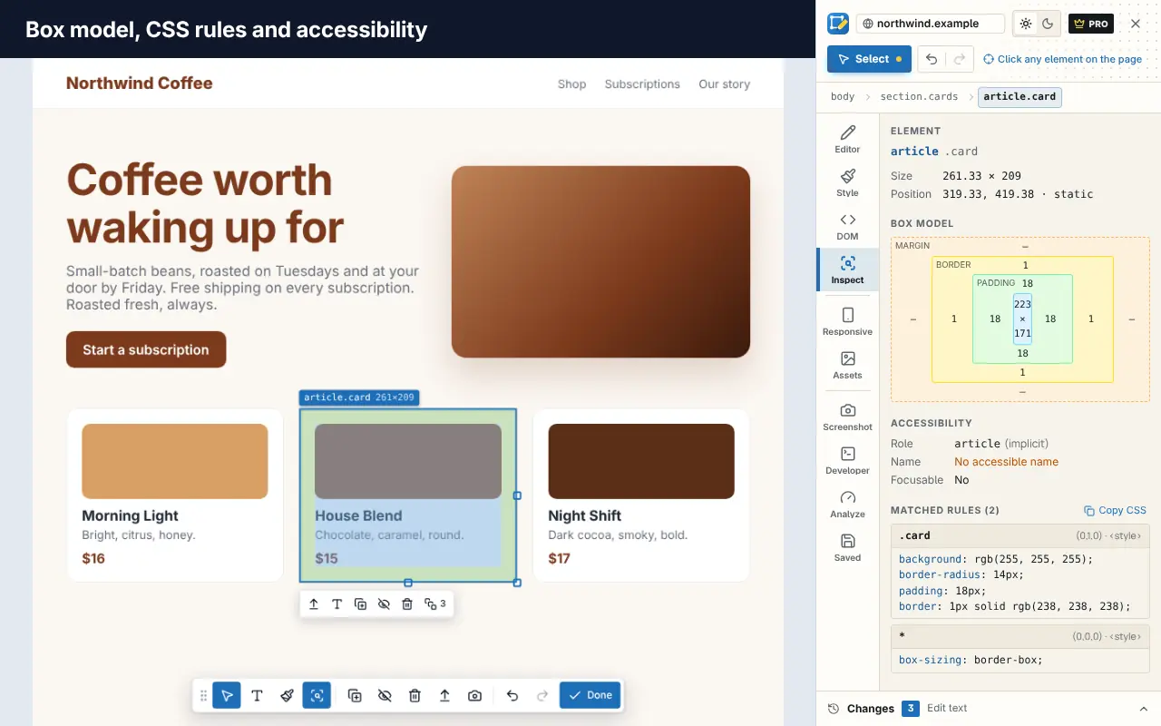 Edit Page Inspect view showing the box model, matched CSS rules and accessibility details