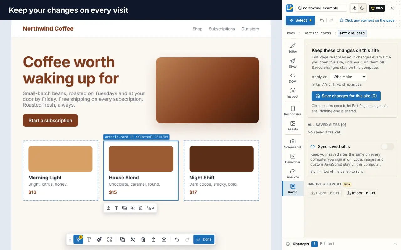 Edit Page Saved tab with the option to keep changes for this site