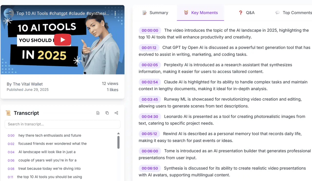 SummaryTube showing key moments with timestamps next to a YouTube video