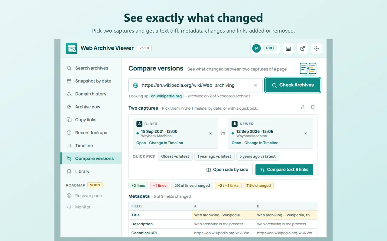 Web Archive Viewer comparing two captures of the same page