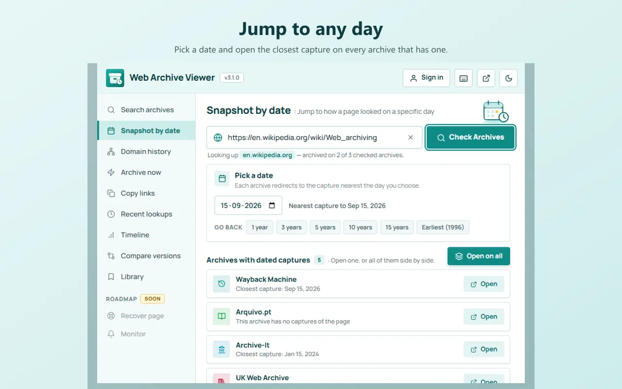 Web Archive Viewer snapshot-by-date tool with a date picker